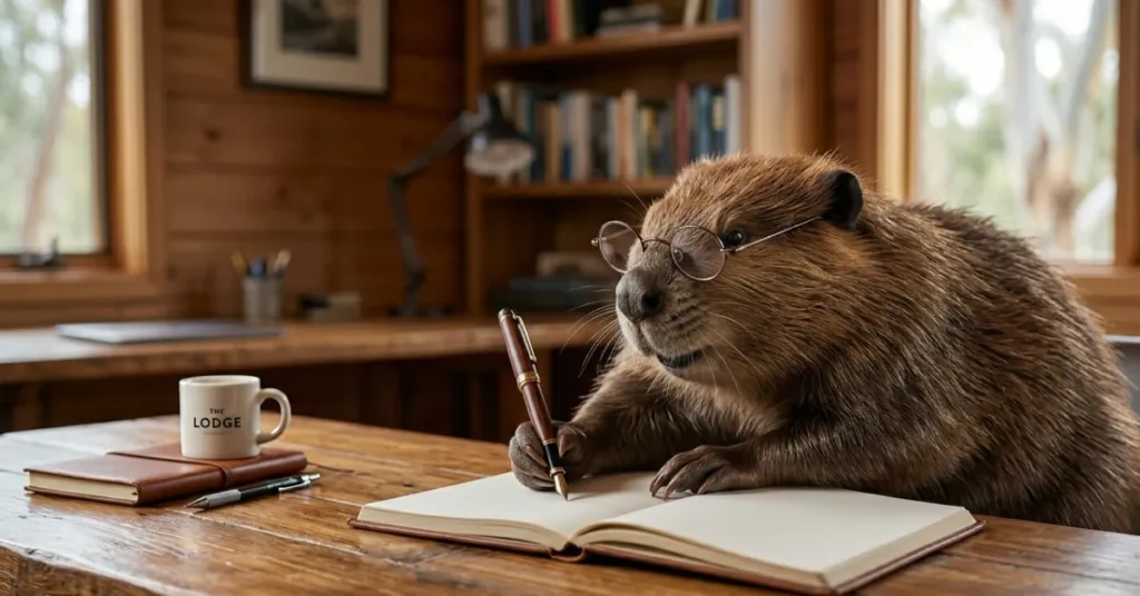 A photo-realistic brown beaver wearing wire-rimmed glasses, sitting at a rustic wooden desk and writing with a fountain pen in a notebook. The scene uses the same cabin office background from 'The Lodge'.