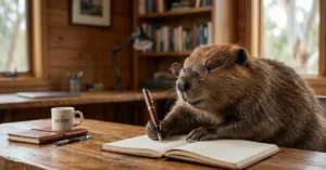 A photo-realistic brown beaver wearing wire-rimmed glasses, sitting at a rustic wooden desk and writing with a fountain pen in a notebook. The scene uses the same cabin office background from 'The Lodge'.